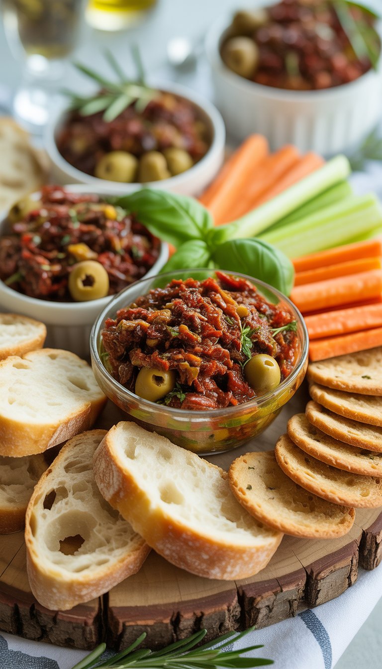 A food platter with bowls of sun-dried tomato and olive tapenade surrounded by bread slices, crackers, and vegetable sticks on a wooden board.