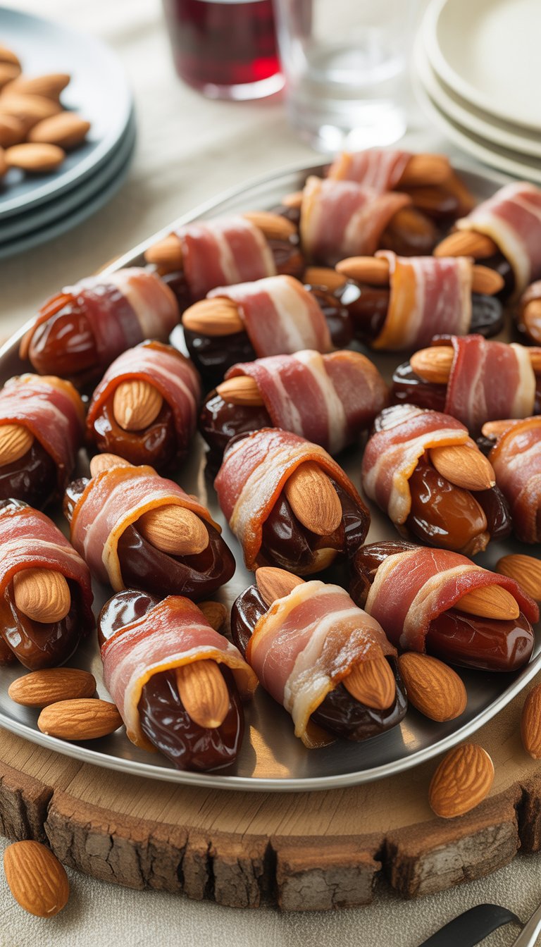 A platter of bacon-wrapped dates stuffed with almonds arranged on a wooden serving board.
