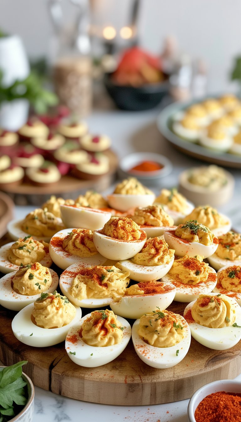 A platter of deviled eggs topped with smoked paprika and herbs on a wooden board, surrounded by small bowls of spices.