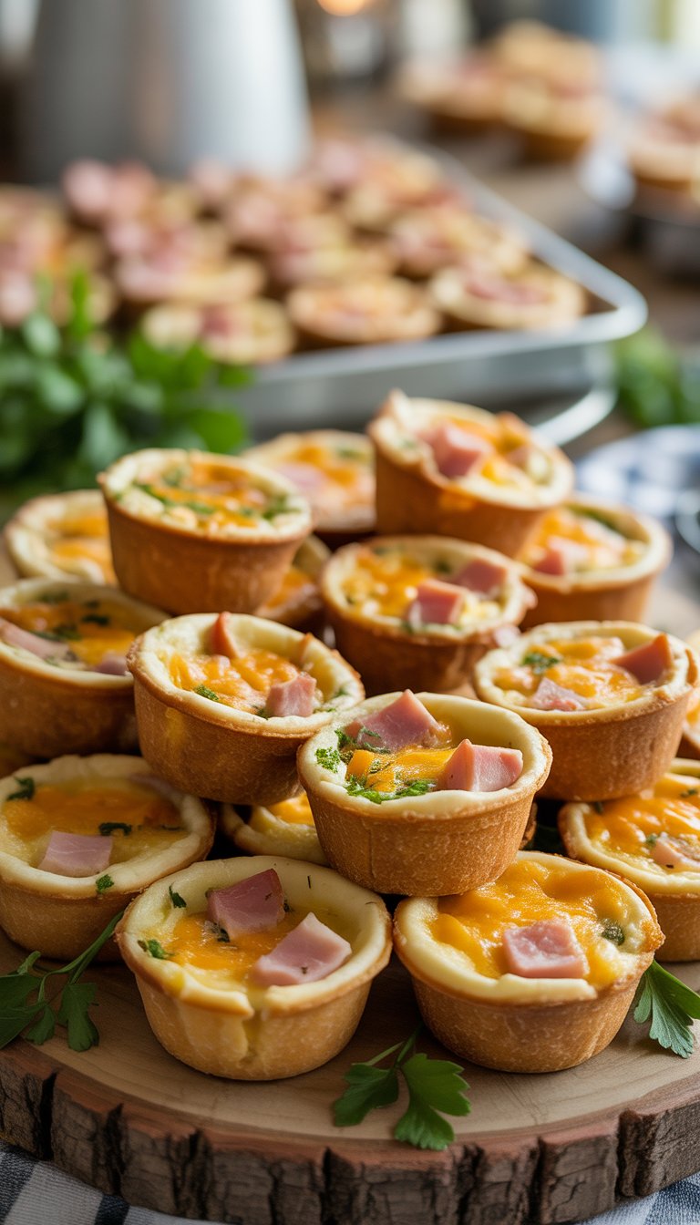 A platter of mini muffin cup ham and cheddar quiches garnished with fresh herbs on a wooden board.