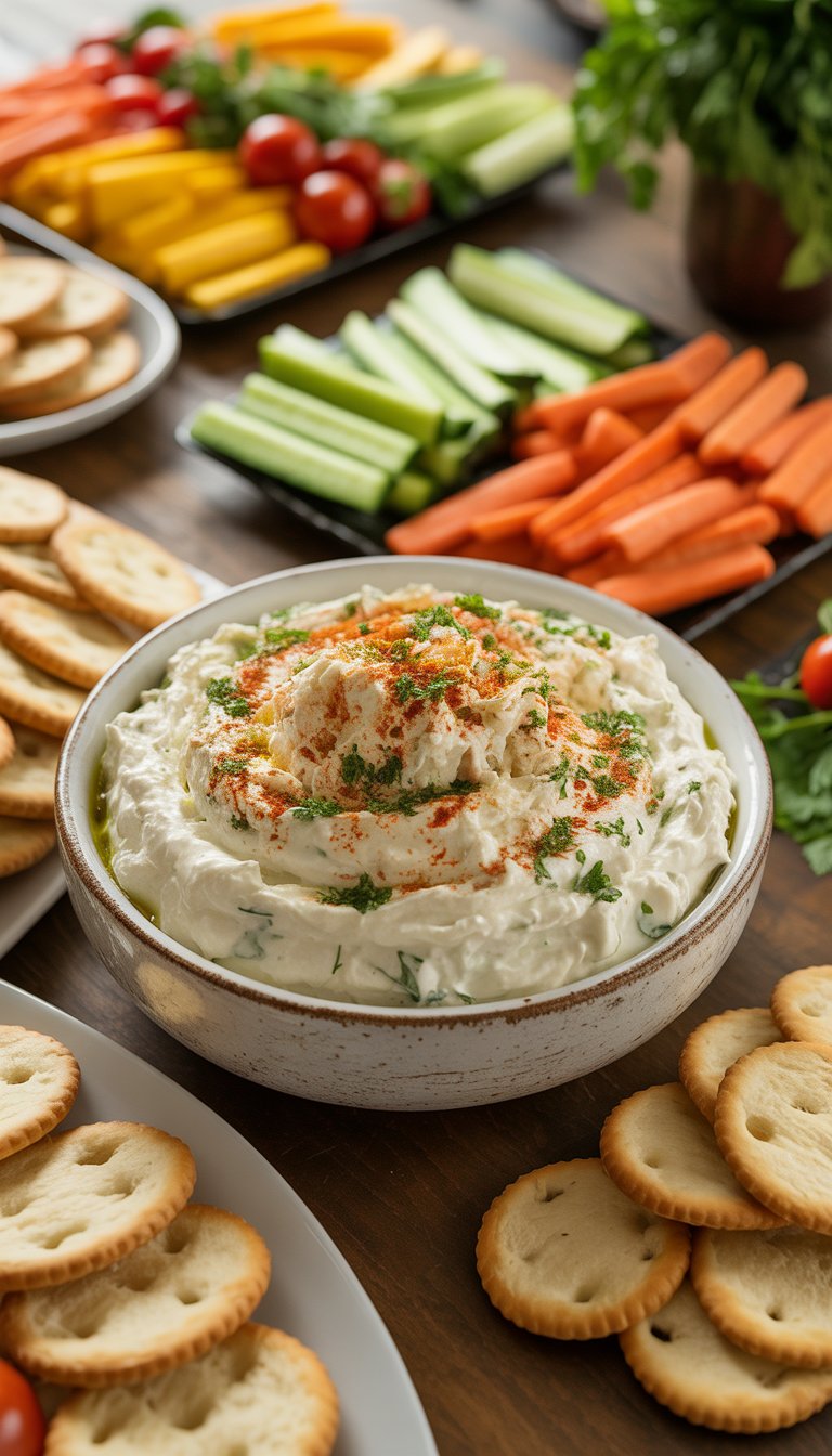 A bowl of creamy crab dip garnished with herbs, surrounded by crackers, sliced bread, and vegetable sticks on a wooden table.