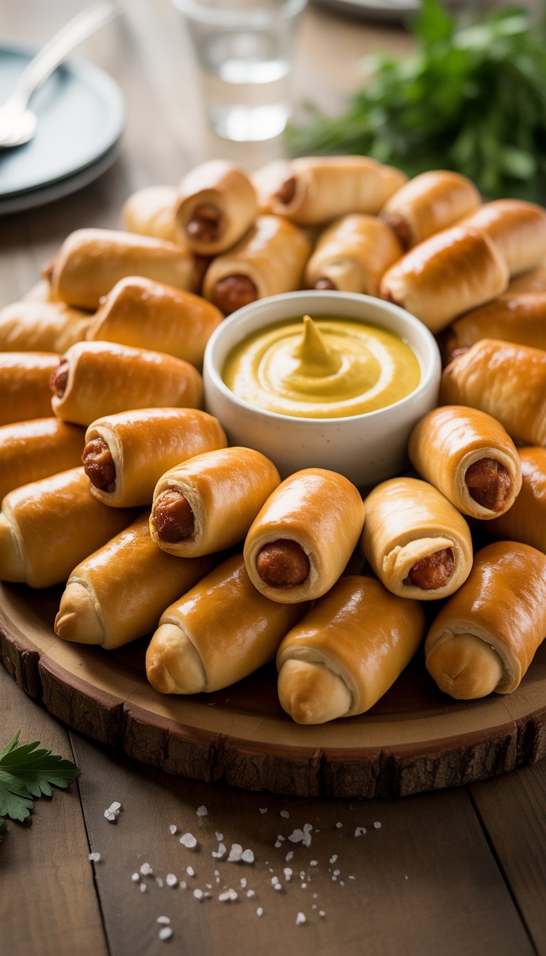 A wooden platter with freshly baked pigs in a blanket and a bowl of mustard dip on a wooden table.