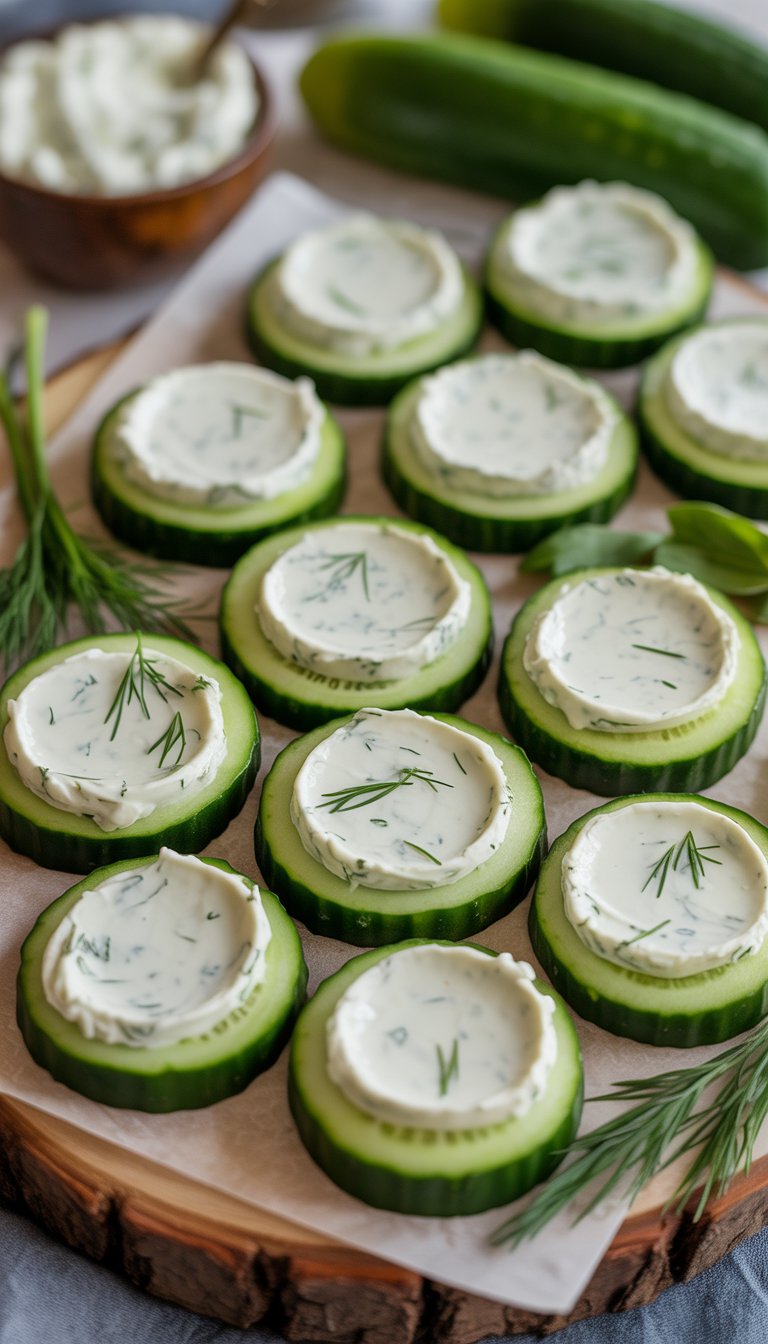 A platter of cucumber rounds topped with herbed cream cheese garnished with fresh herbs.
