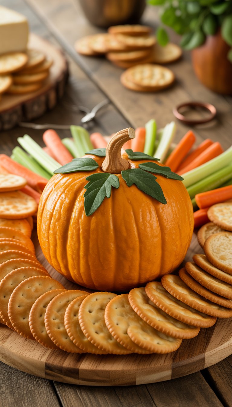 A pumpkin-shaped cheese ball on a wooden platter surrounded by crackers and vegetable sticks on a rustic table.