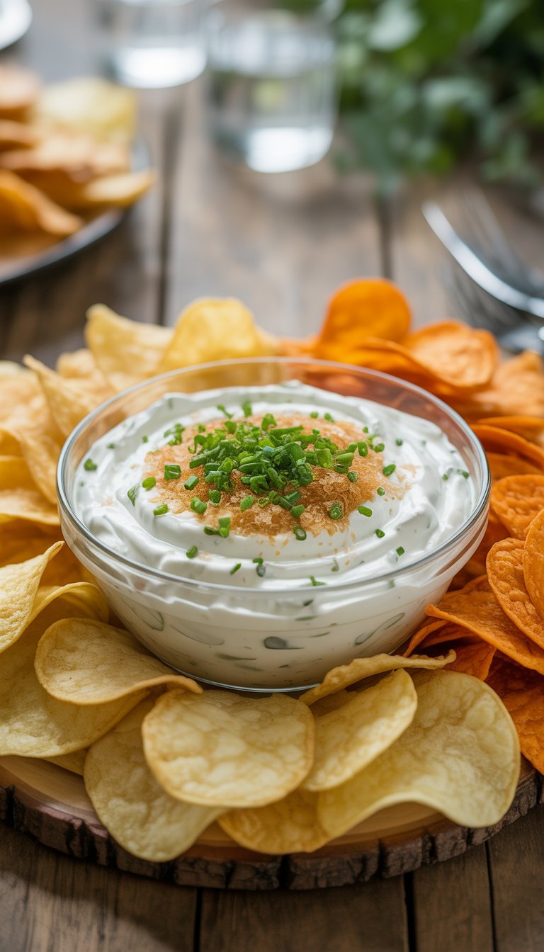 A bowl of sour cream and onion dip garnished with chives surrounded by potato chips on a wooden table.