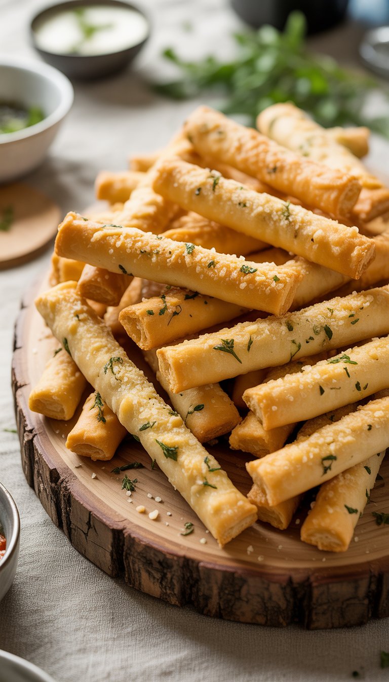 A wooden platter filled with golden cheese straws sprinkled with herbs, set on a table with bowls of dipping sauces in the background.