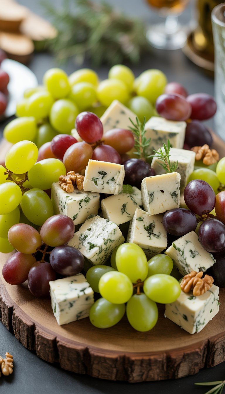 A wooden platter with bite-sized Roquefort cheese pieces paired with green and purple grapes, garnished with herbs and walnuts.