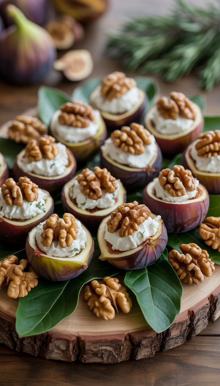 A platter of halved figs stuffed with goat cheese and walnuts, garnished with fresh herbs on a wooden board.