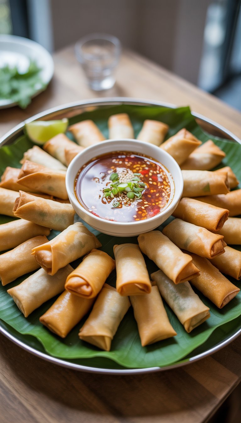 A platter of bite-sized spring rolls with a bowl of dipping sauce on a wooden table.