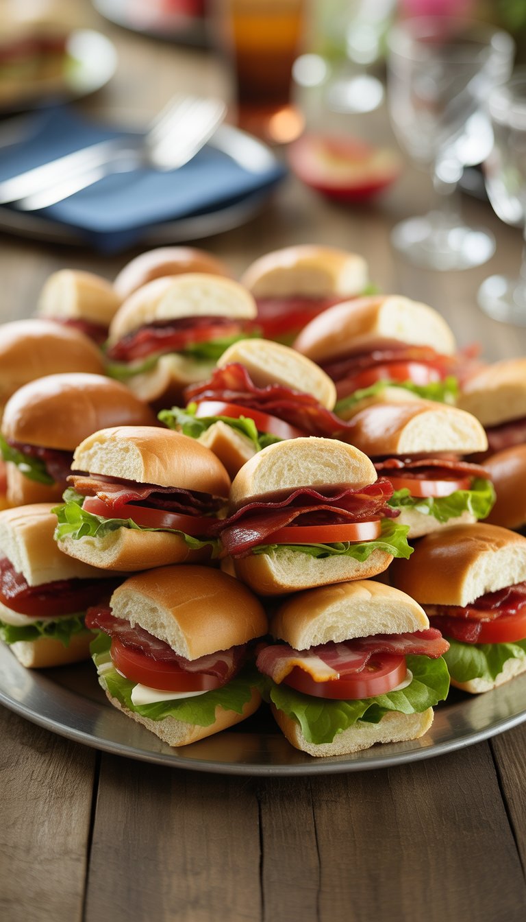 A platter of mini BLT sandwiches with bacon, lettuce, and tomato on small toasted buns arranged on a wooden table.