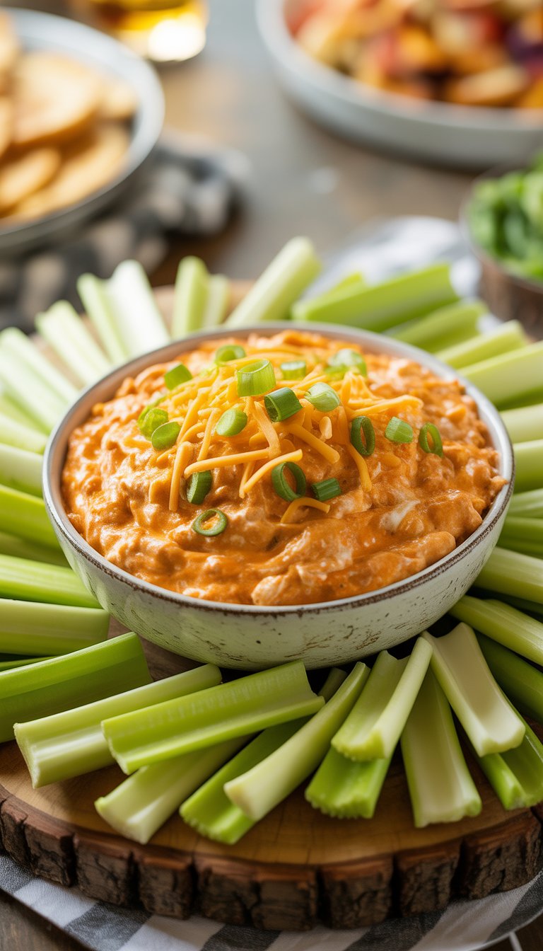 A bowl of buffalo chicken dip garnished with green onions and cheddar cheese, surrounded by celery sticks on a wooden board.