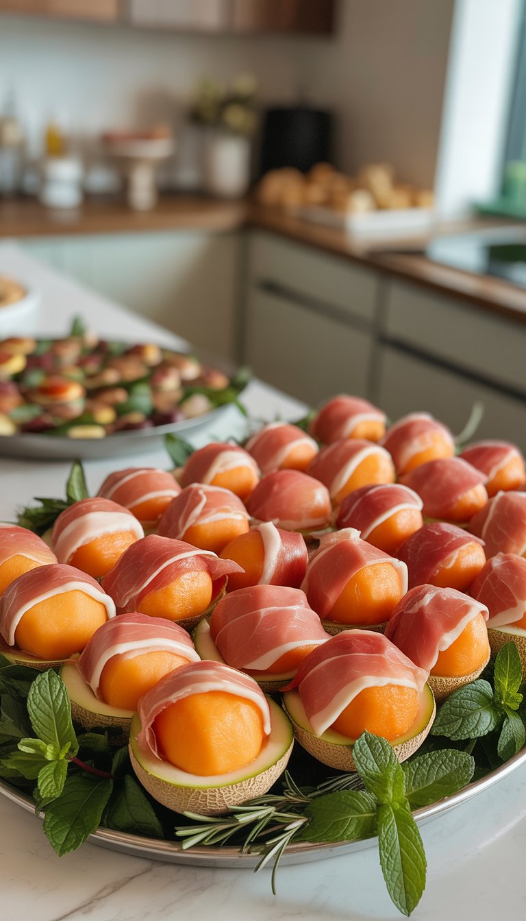 A platter of prosciutto-wrapped melon balls garnished with fresh herbs on a serving tray.