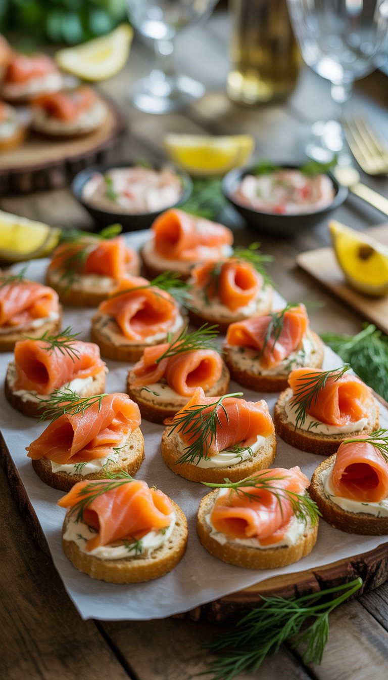 A platter of smoked salmon and dill canapés arranged on a wooden table with lemon wedges and dips nearby.
