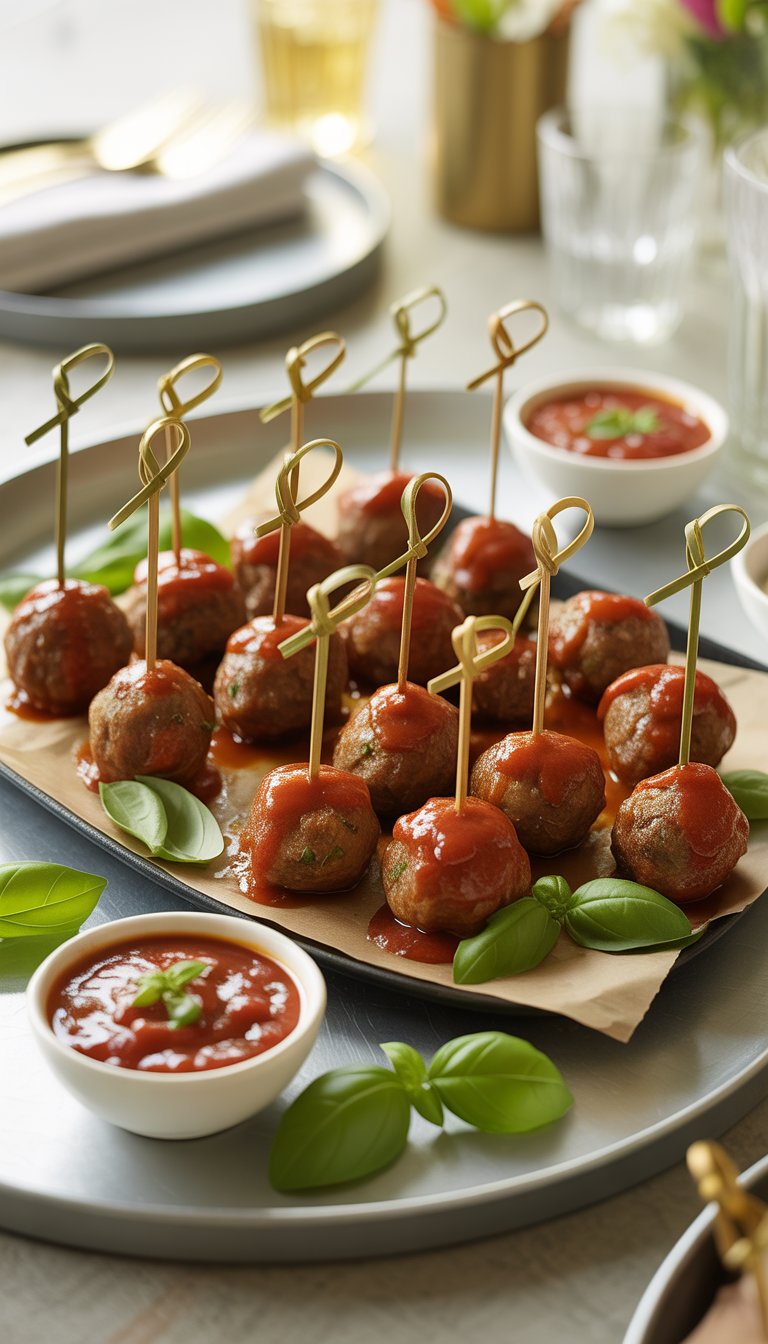 A platter of mini meatball skewers with marinara sauce and fresh basil, arranged for a party.
