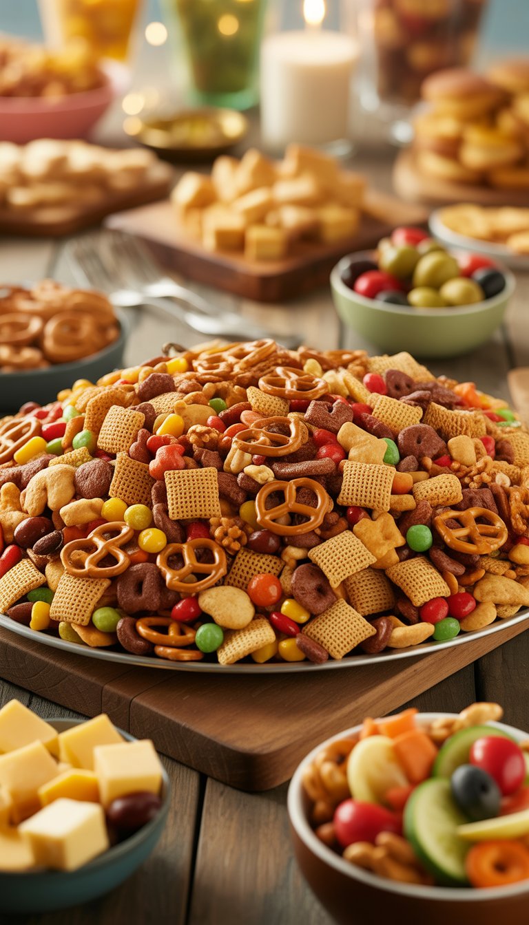 A large platter filled with Chex Party Snack Mix surrounded by small bowls of snacks on a wooden table at a party.