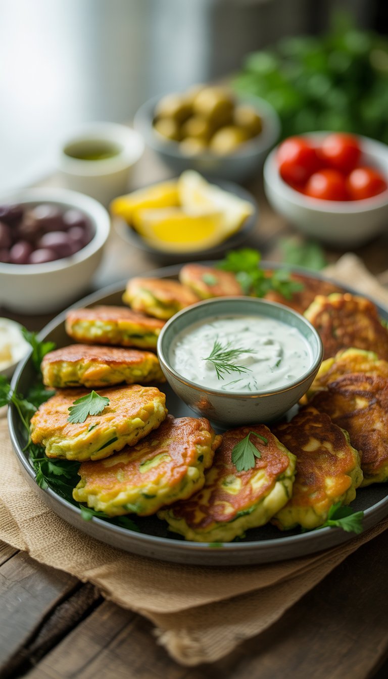 Platter of zucchini fritters with a bowl of tzatziki sauce and garnishes on a wooden table.