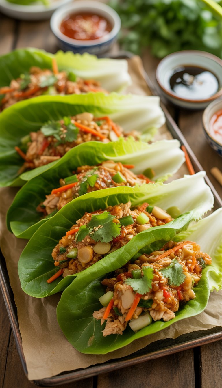 A platter of Asian chicken lettuce wraps filled with minced chicken and vegetables, garnished with herbs, on a wooden table with dipping sauces.