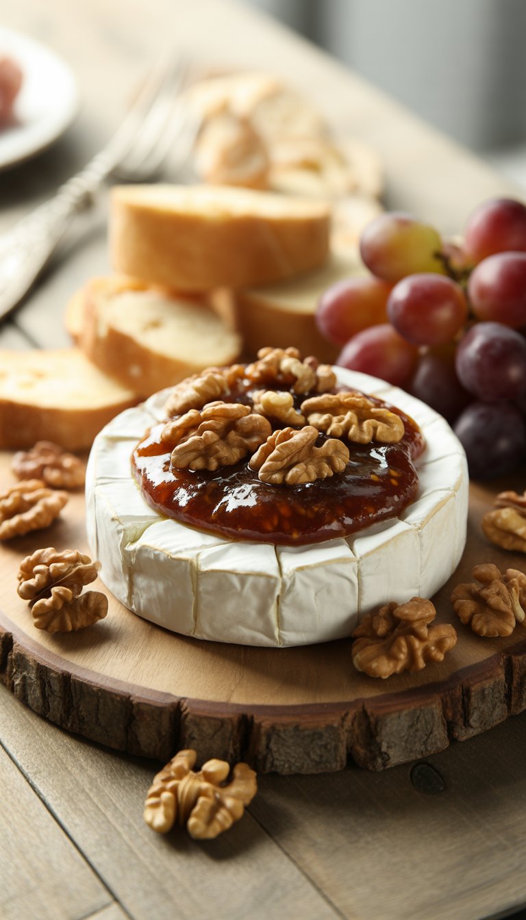A baked brie topped with fig jam and walnuts on a wooden board surrounded by grapes and sliced bread.
