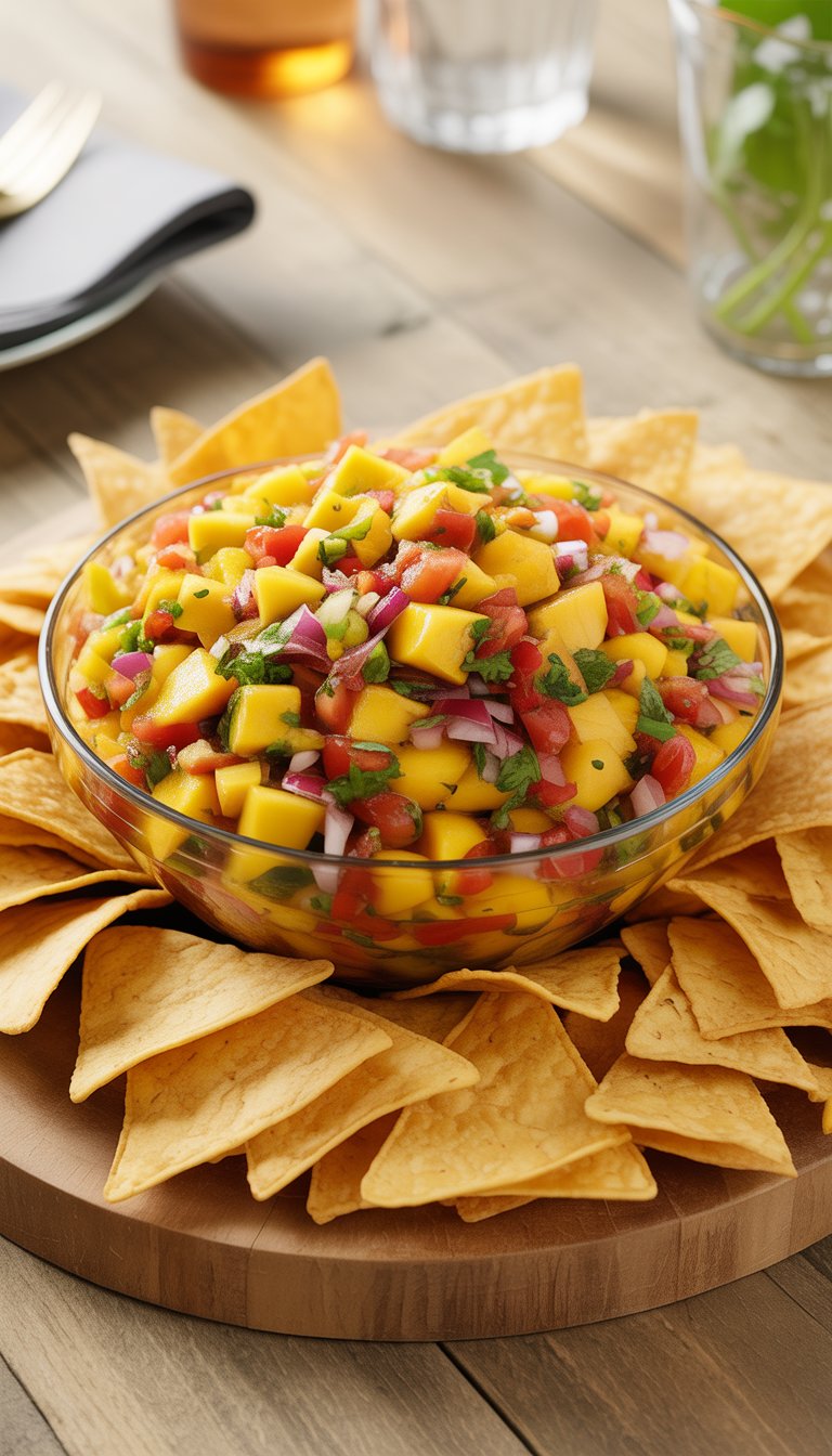 A bowl of mango salsa surrounded by tortilla chips on a wooden platter.