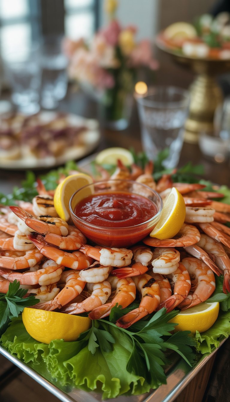 A platter of grilled shrimp arranged around a bowl of cocktail sauce with lemon wedges and parsley garnish.