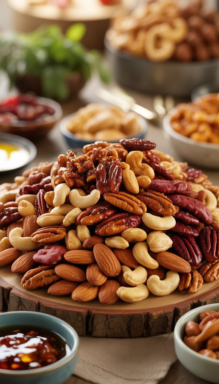 A platter of mixed sweet and spicy nuts on a wooden board with small bowls of dried fruits and sauces around it.