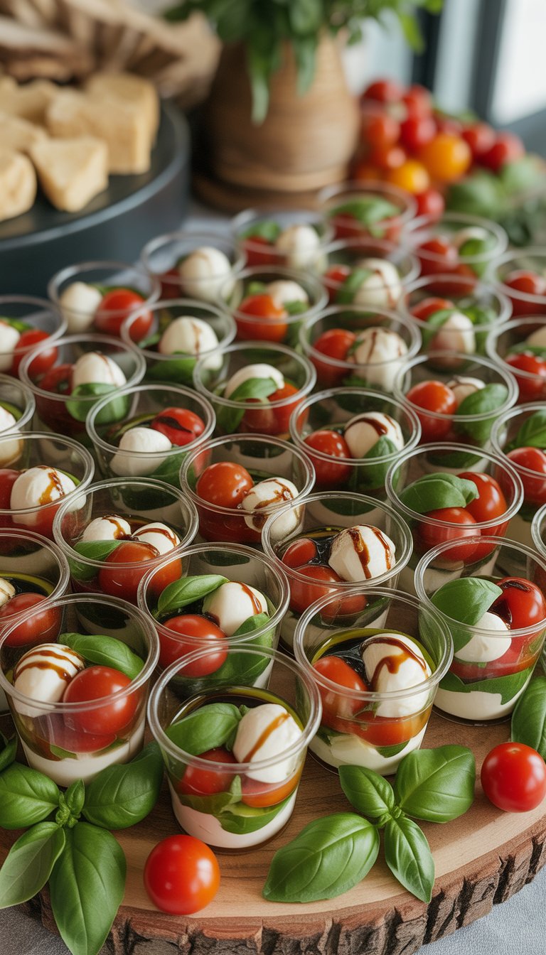 Mini Caprese salad cups with cherry tomatoes, mozzarella, and basil arranged on a large wooden platter.