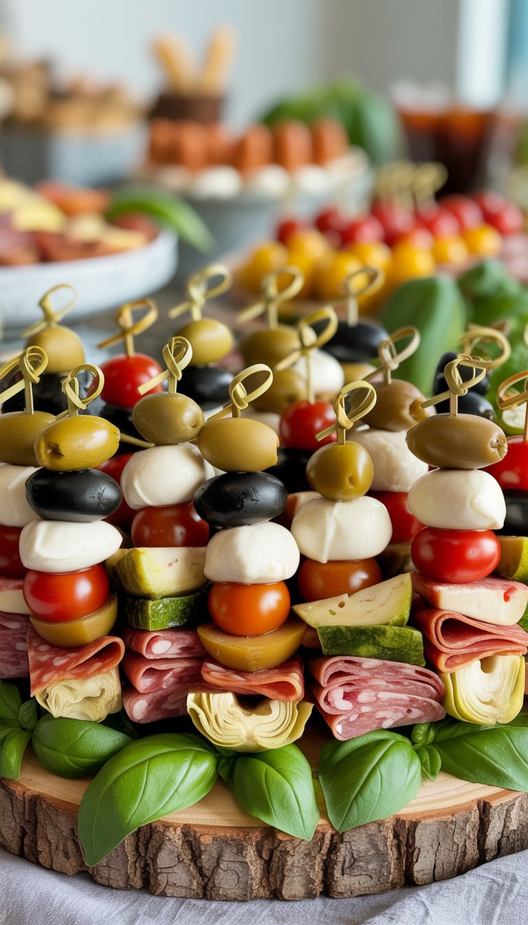 A platter of antipasto skewers with mozzarella, tomatoes, olives, salami, and basil arranged for a party.