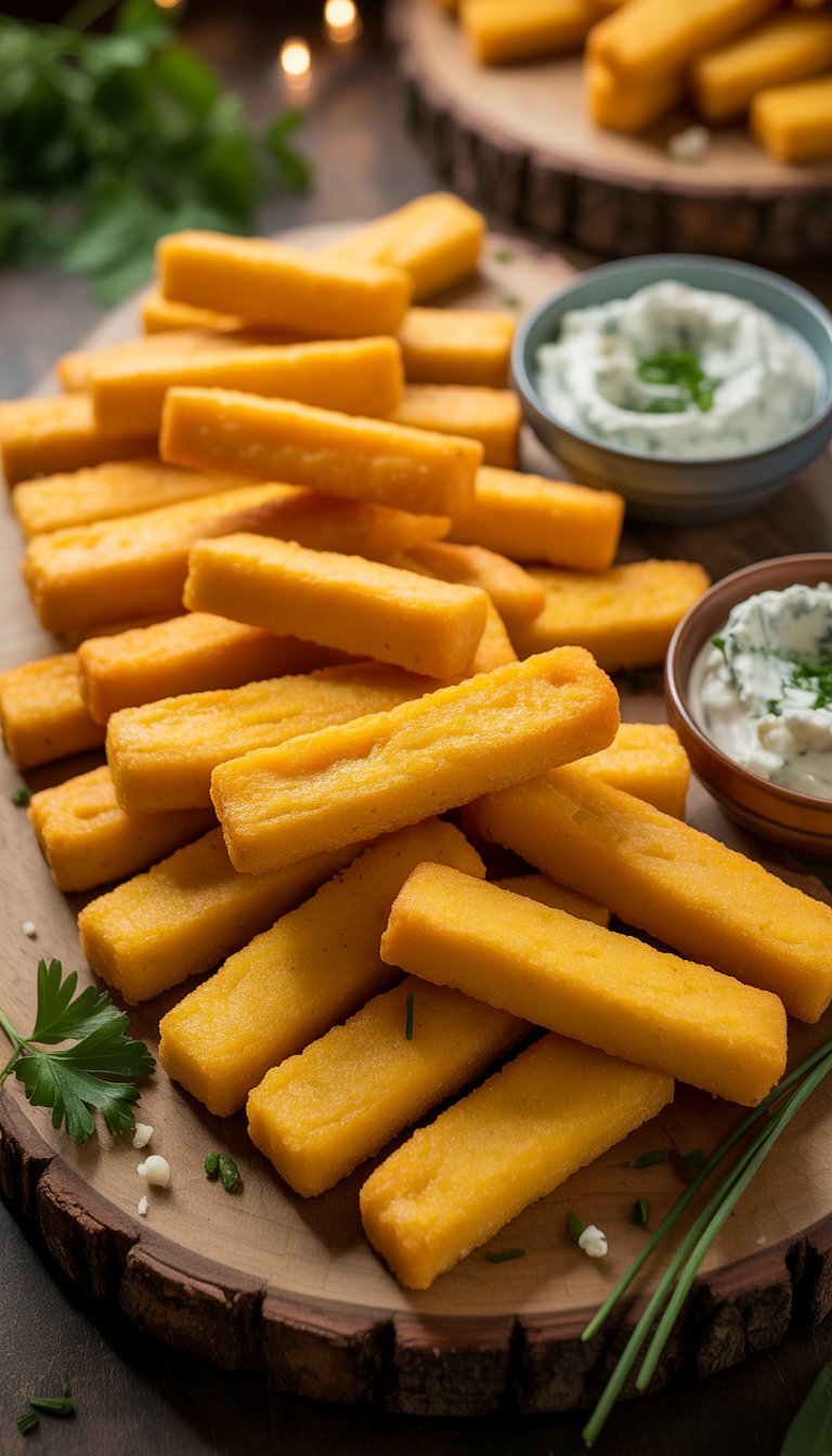 A platter of crispy golden polenta fingers served with bowls of blue cheese dip and fresh herb garnishes.