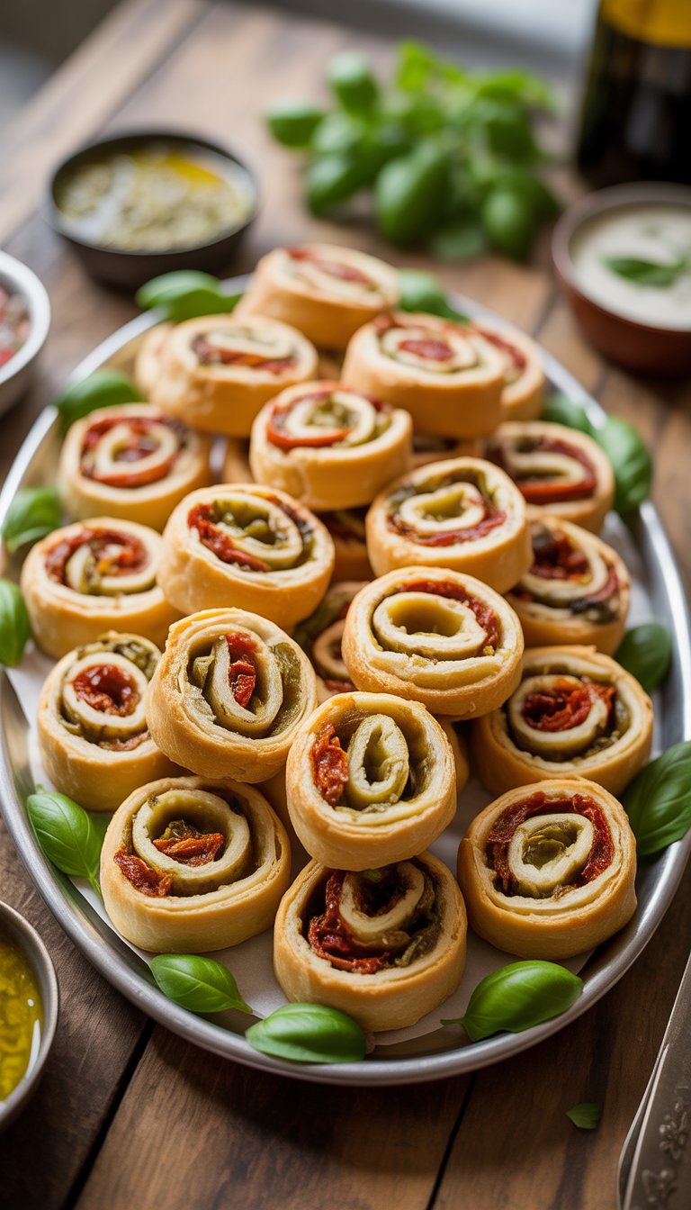 A platter of olive and sun-dried tomato pinwheels arranged on a wooden table with small bowls of dips and fresh herbs nearby.