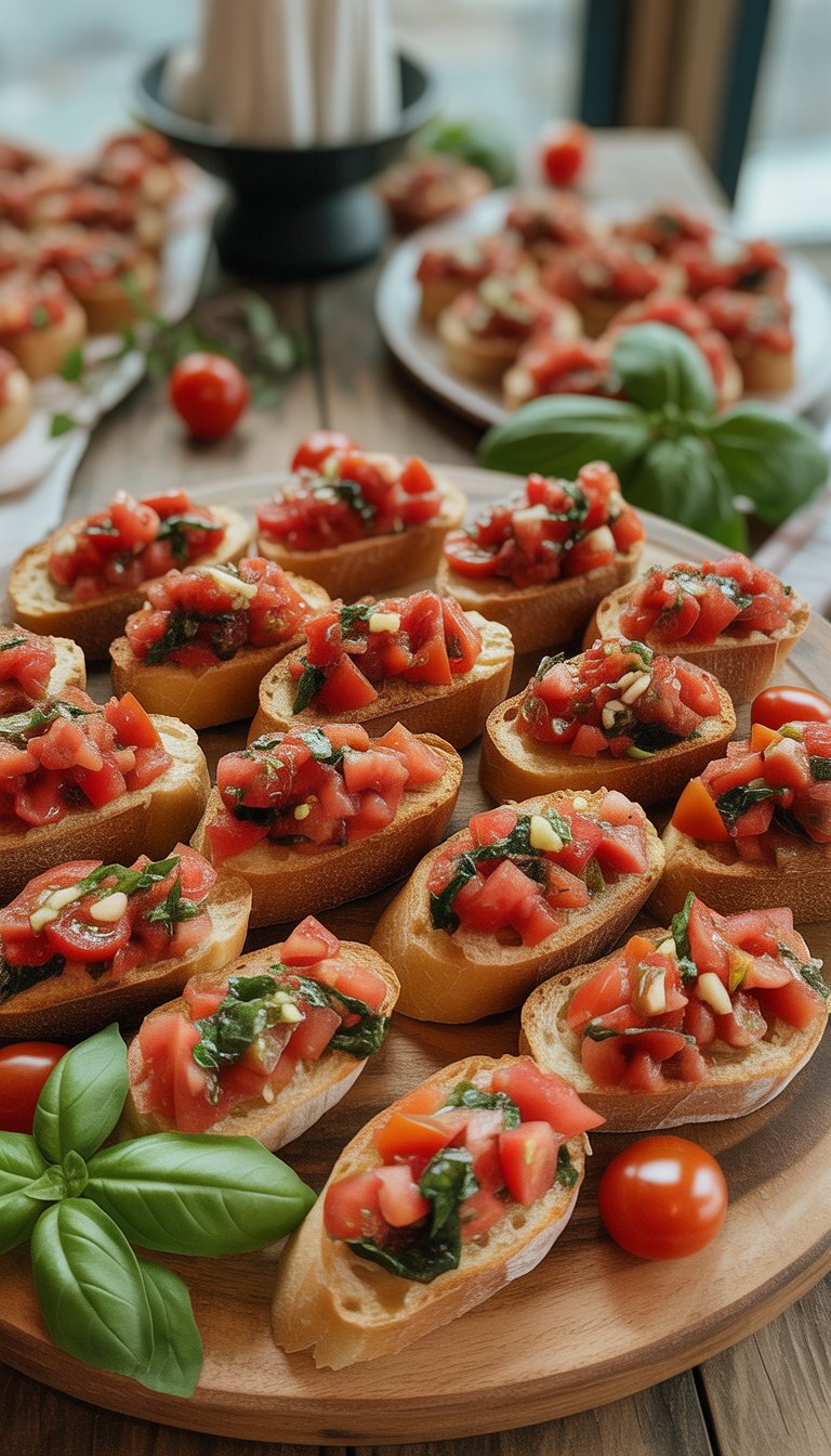 A wooden platter filled with tomato basil bruschetta topped with diced tomatoes and fresh basil on toasted baguette slices.