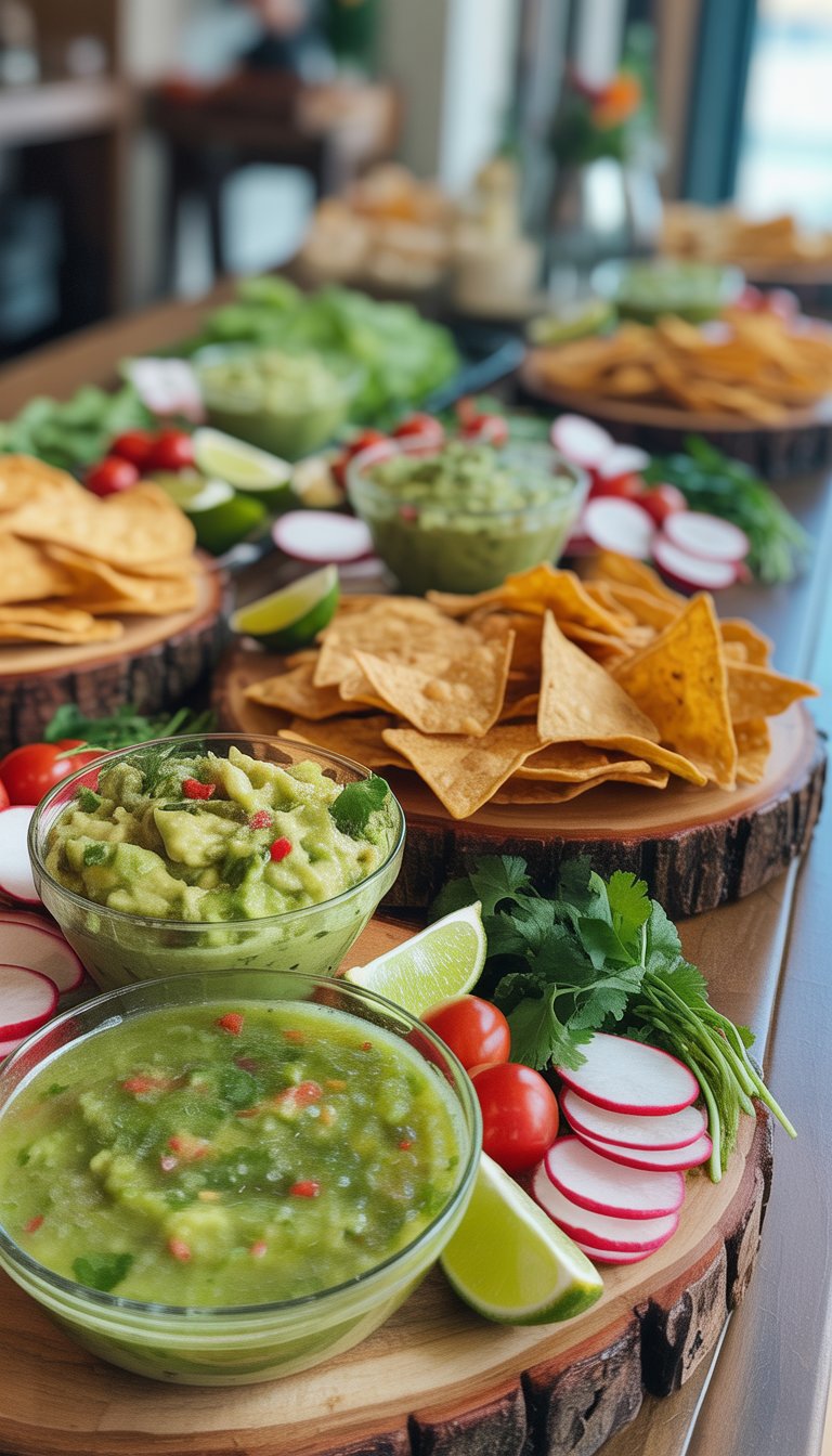 A table with bowls of salsa verde and guacamole surrounded by tortilla chips, lime wedges, and fresh garnishes.