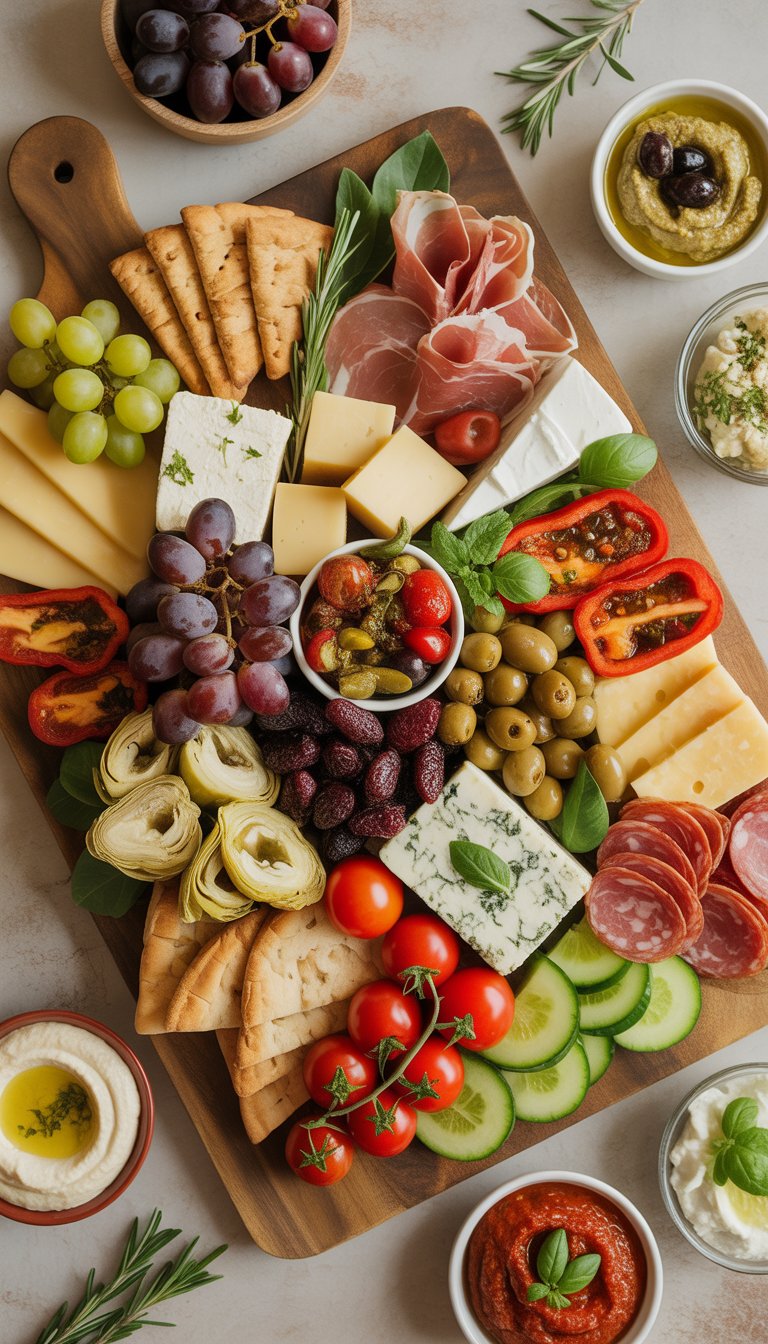 A large wooden board filled with a variety of Mediterranean foods including cheeses, cured meats, olives, vegetables, fruits, and pita bread, arranged attractively for a party.