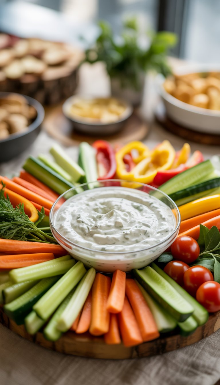 A platter of fresh vegetables surrounding a bowl of creamy ranch dip on a wooden surface.
