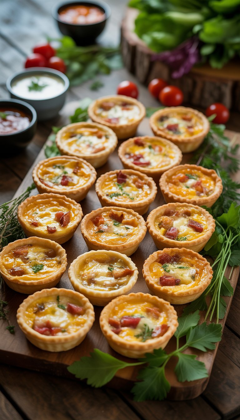 A platter of mini Quiche Lorraine with golden crusts, garnished with fresh herbs, surrounded by dipping sauces and fresh vegetables on a wooden table.