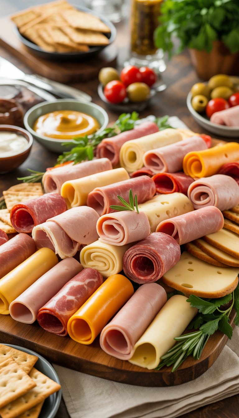 A platter of neatly arranged meat and cheese roll-ups with herbs, cherry tomatoes, olives, and crackers on a wooden board.