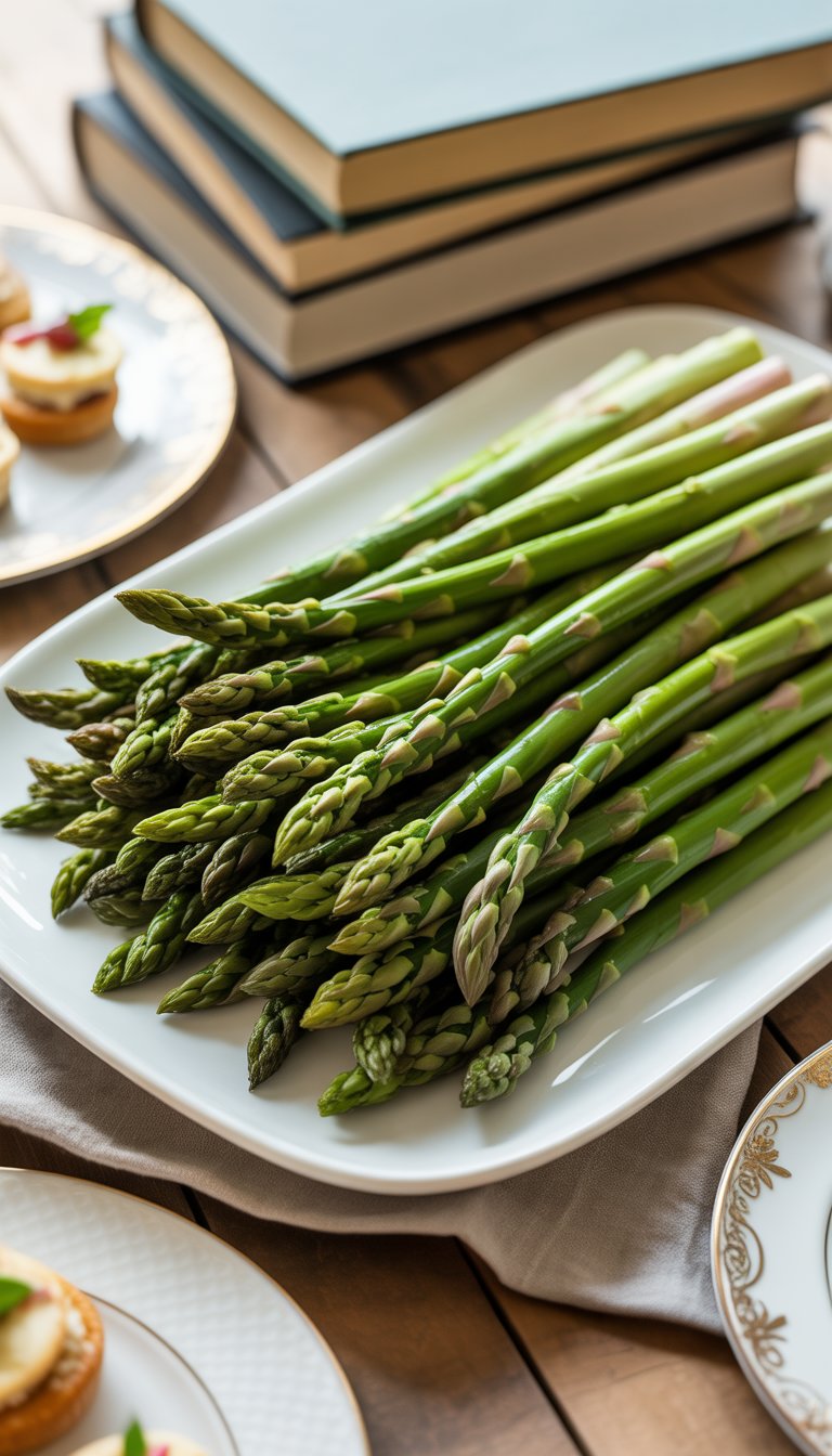 Close-up of fresh asparagus spears arranged on a white platter on a wooden table with books and appetizer plates in the background.