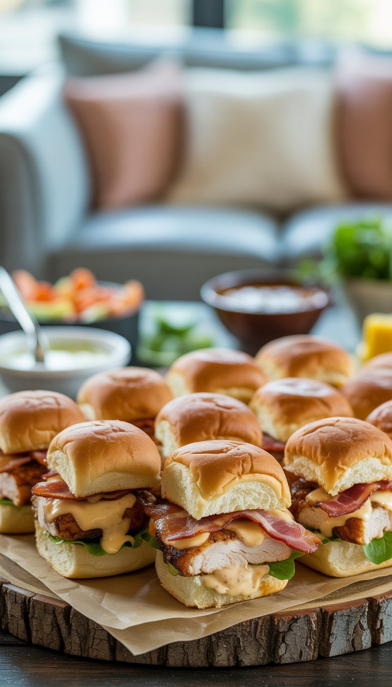 A platter of chicken bacon ranch sliders with toasted buns, grilled chicken, bacon, cheese, lettuce, and ranch dressing on a wooden board.