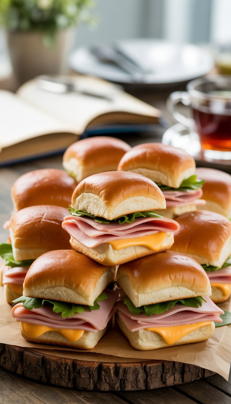A platter of ham and cheese sliders on a wooden board with lettuce, set beside an open book and a cup of tea.