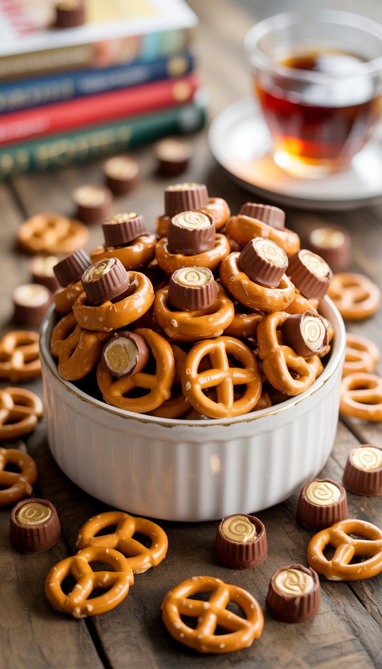 Bowl of pretzel bites topped with melted chocolate candies on a wooden table with books and a cup in the background.