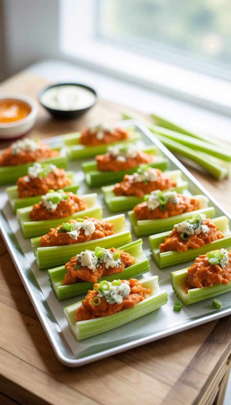 Celery stalks filled with buffalo chicken mixture, topped with blue cheese and green onions, arranged on a white platter on a wooden table.