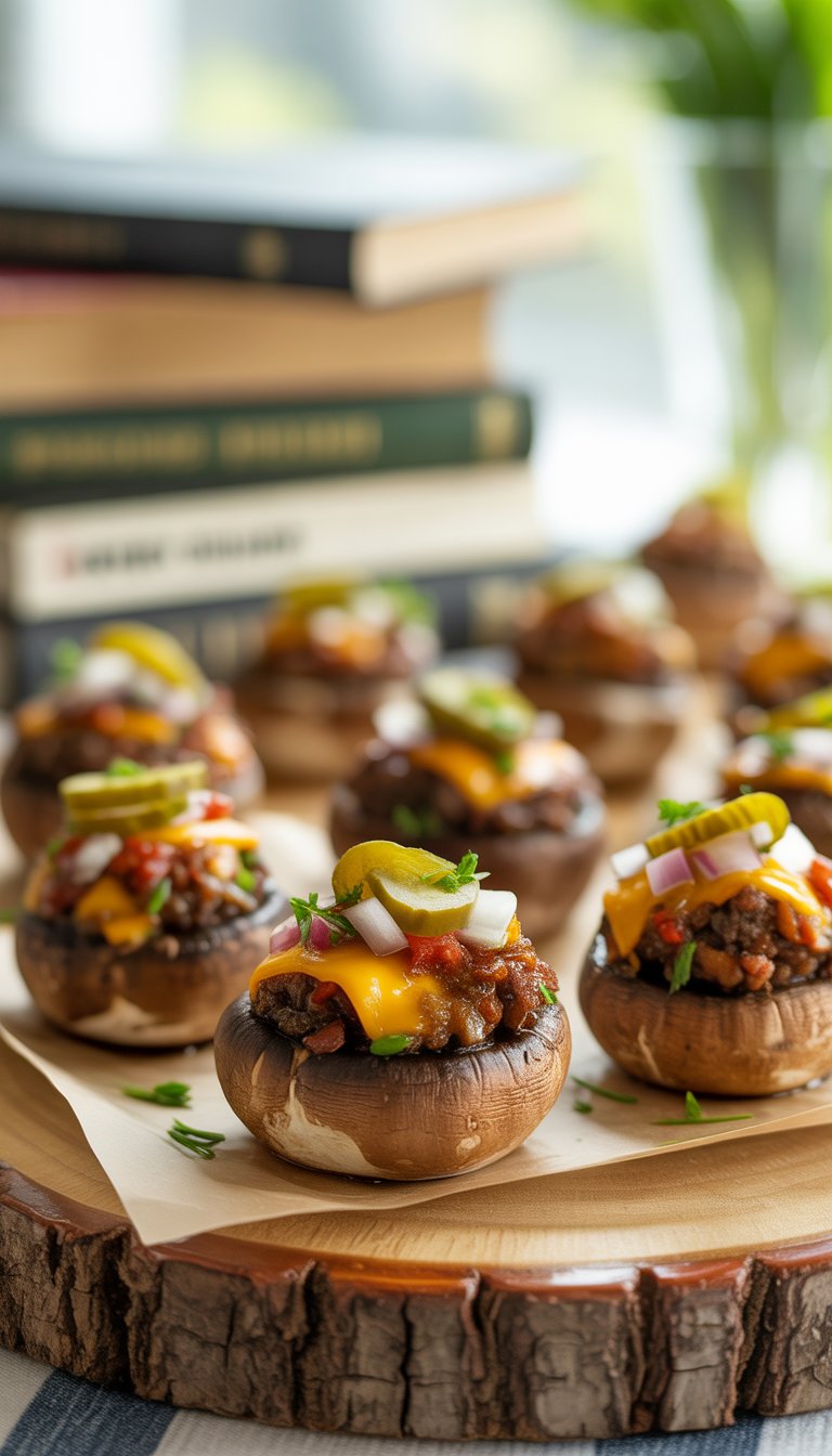 Close-up of stuffed mushrooms filled with a burger mixture on a wooden board with books in the background.