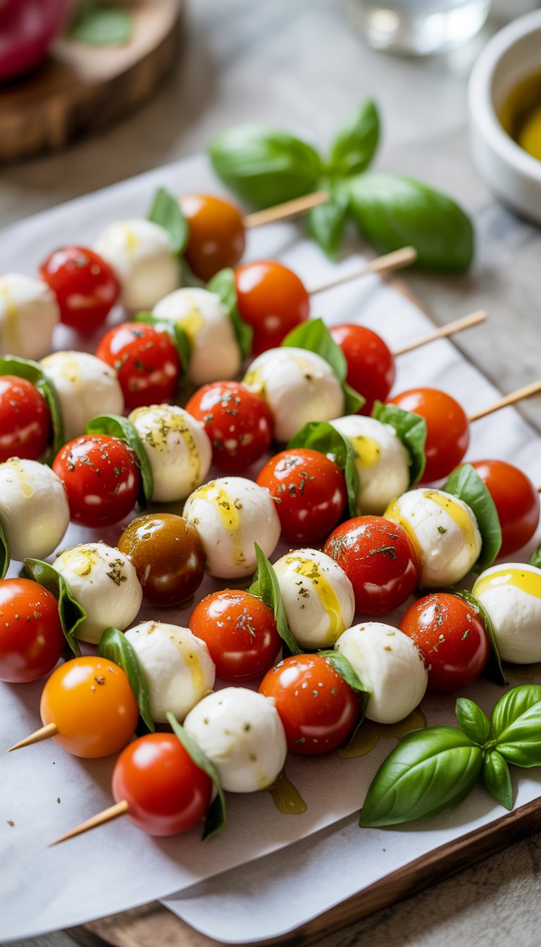 Close-up of Caprese skewers with mozzarella, cherry tomatoes, and basil on a white platter.