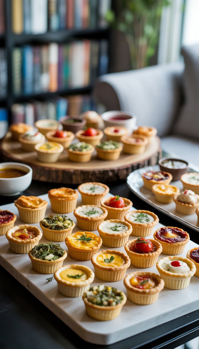 A variety of small pastry appetizers arranged on wooden and ceramic platters with fresh herb garnishes in a cozy book club setting.