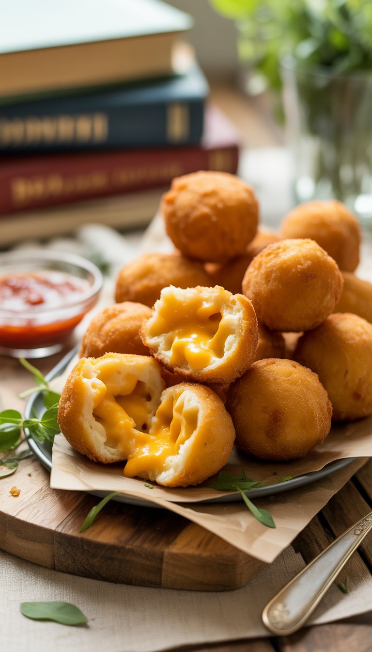 Plate of fried mac and cheese balls with dipping sauce and herbs on a wooden board.