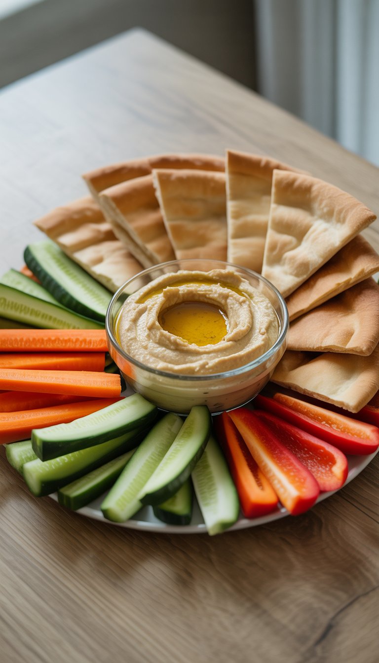 A bowl of hummus surrounded by pita bread wedges and assorted fresh vegetable sticks on a wooden table.
