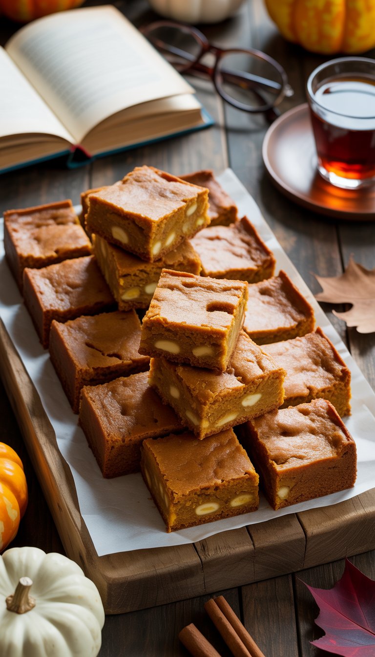 A platter of pumpkin blondies on a wooden table next to an open book, reading glasses, and a cup of tea.