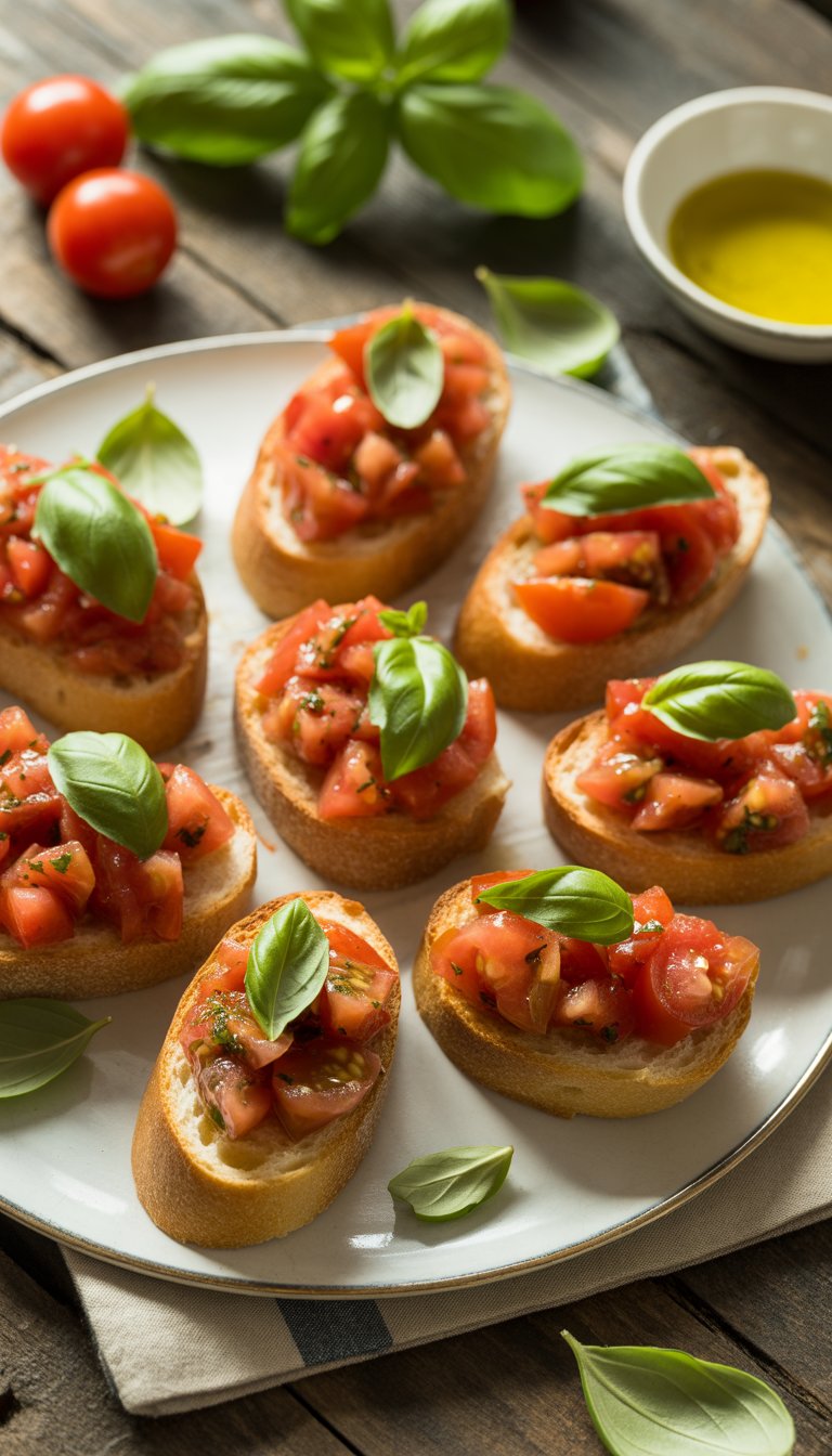 A plate of bruschetta topped with diced tomatoes and basil on a wooden table with fresh ingredients around it.