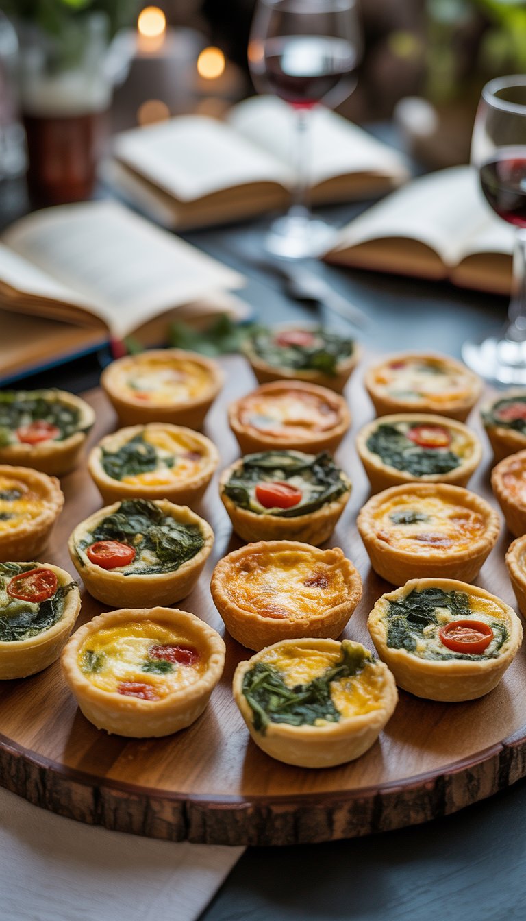 A wooden board with assorted mini quiches surrounded by books and glasses, set on a table for a social gathering.