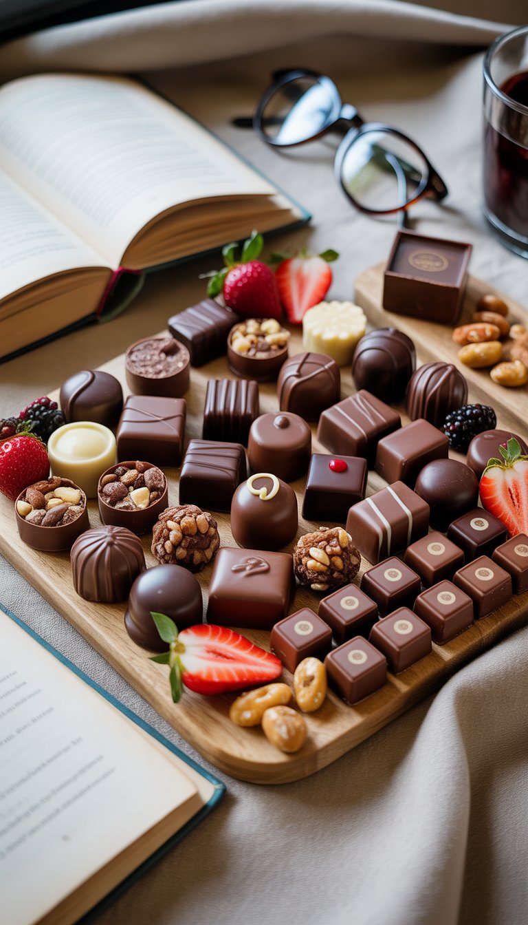 A wooden board with assorted gourmet chocolates and complementary appetizers next to an open book and reading glasses.