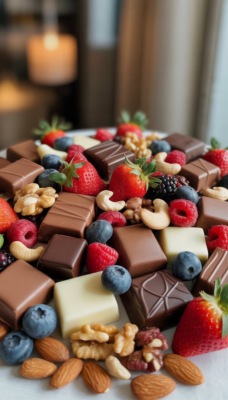 A platter with assorted chocolates, fresh berries, and mixed nuts arranged for a gathering.